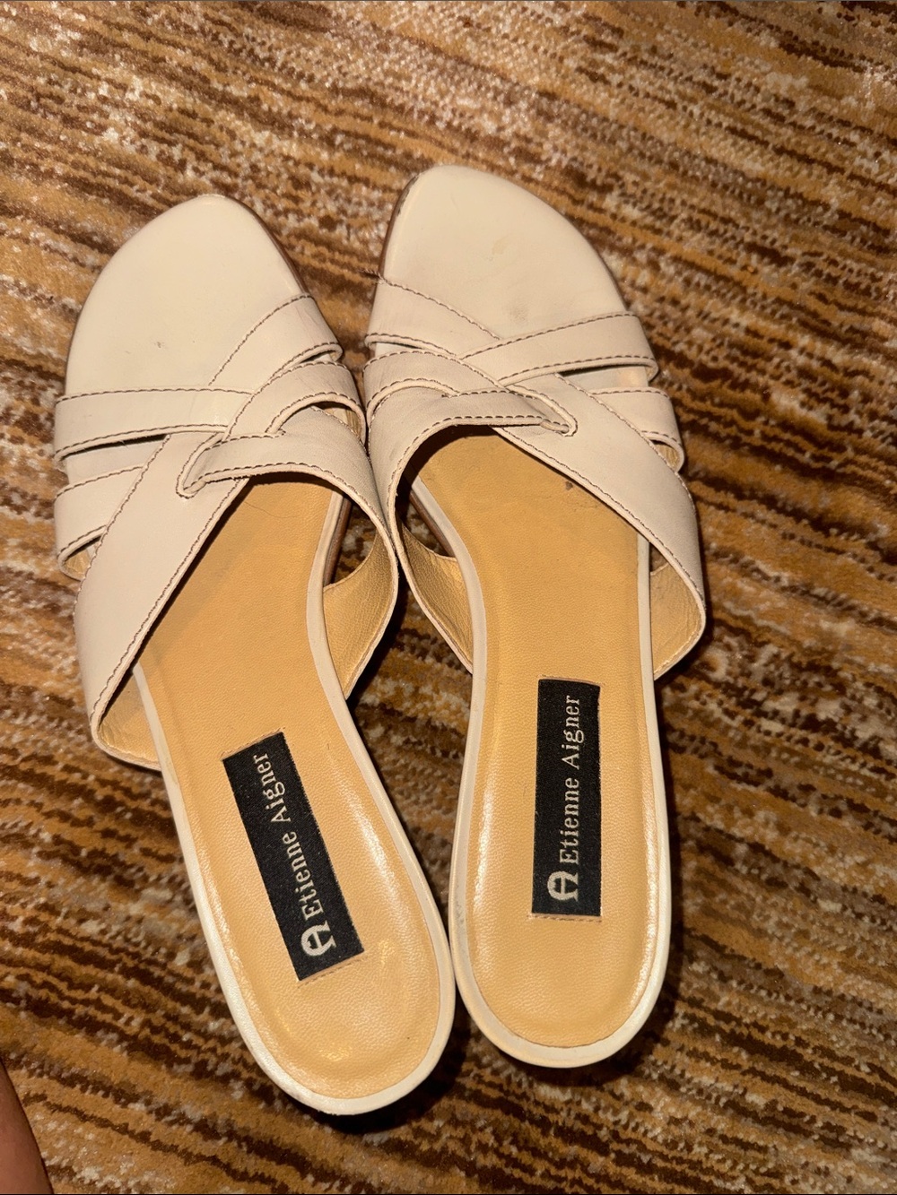 Etienne Aigner Cream Slide Mules with Cross-Strap Detail